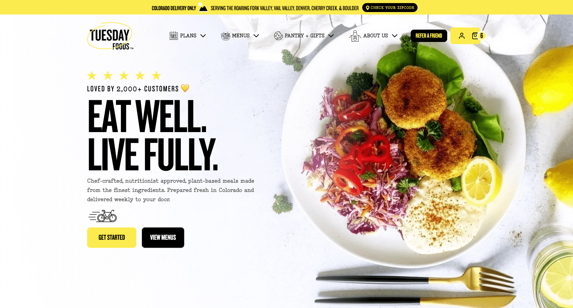 Tuesday Foods storefront showing its plant-based meal delivery experience