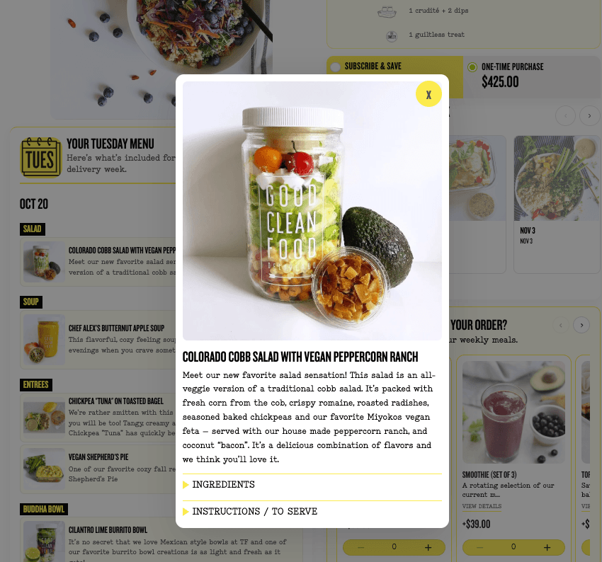 Meal detail modal with photography, description, ingredients, and serving instructions