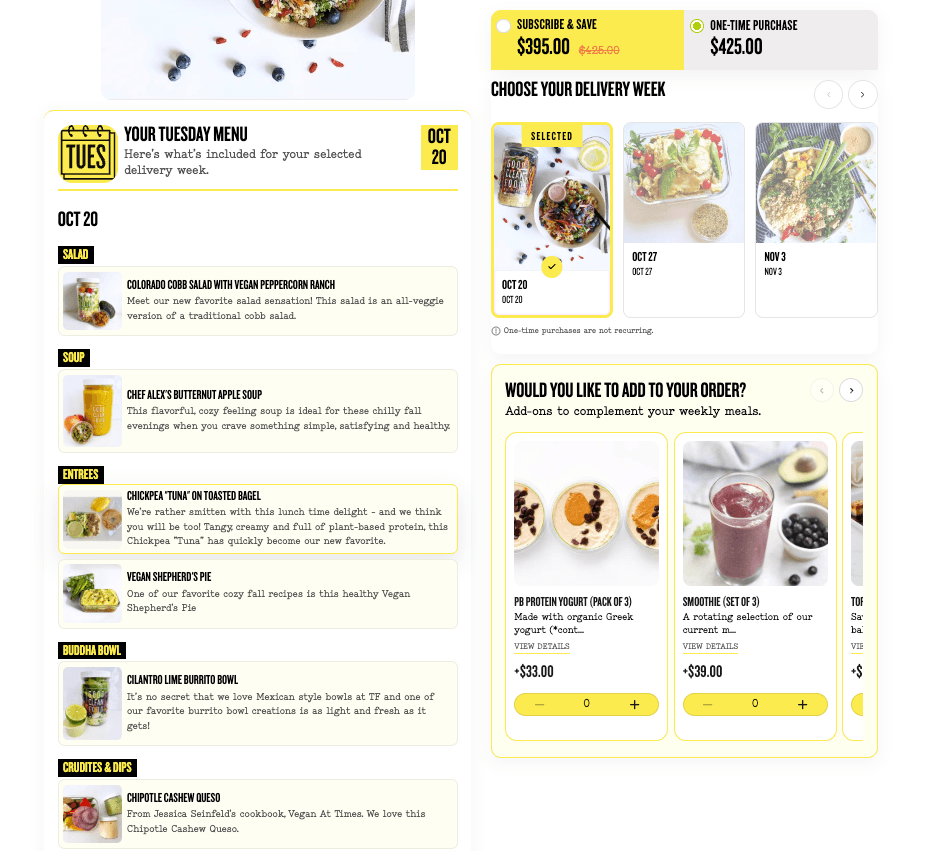 Weekly meal menu alongside delivery week selection and optional order add-ons