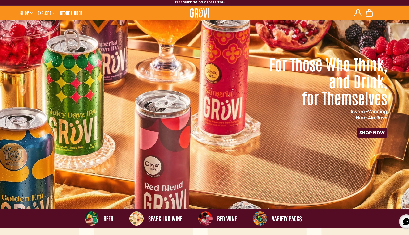 Grüvi homepage featuring non-alcoholic beer and wine with colorful product photography