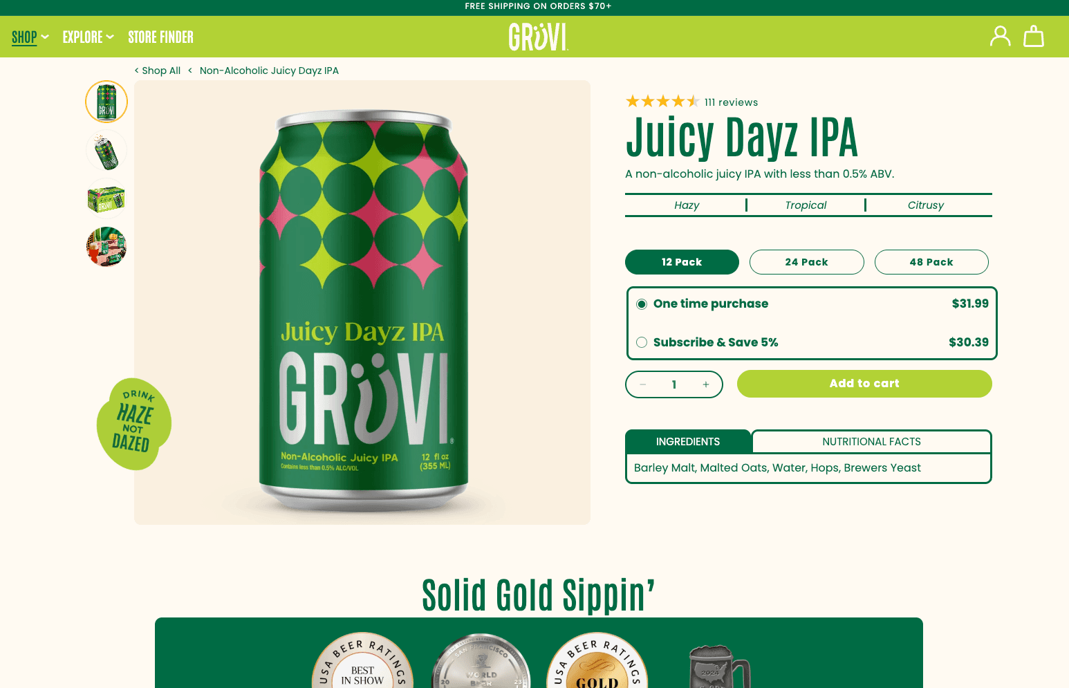 Grüvi Juicy Dayz IPA product page with pack sizes, subscription options, ingredients, and nutritional facts