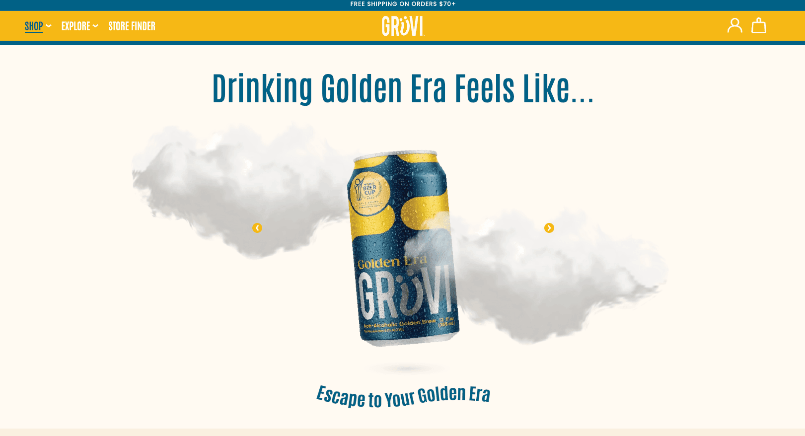 Grüvi Golden Era product storytelling with a floating can, clouds, and product-specific colors
